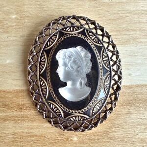 Vintage Cameo Brooch Mid-Century Noir Pendant Oval Gold Filigree Frame 2”
